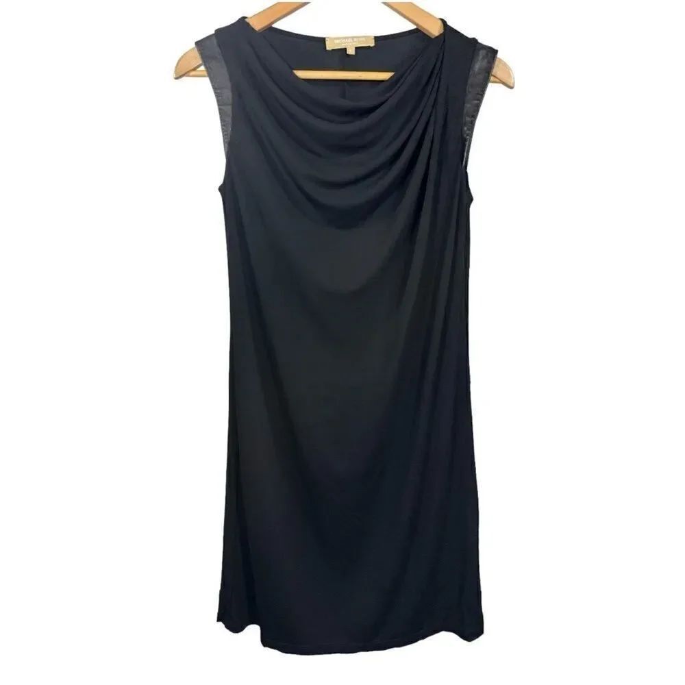MICHAEL KORS Women's Drape Cowl Neck Leather Accent Sheath Dress Black Size 6